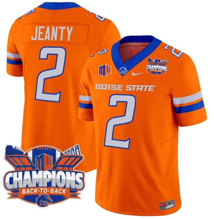 Men's Nike Ashton Jeanty Jersey #2 Boise State Broncos Back To Back Champions Orange
