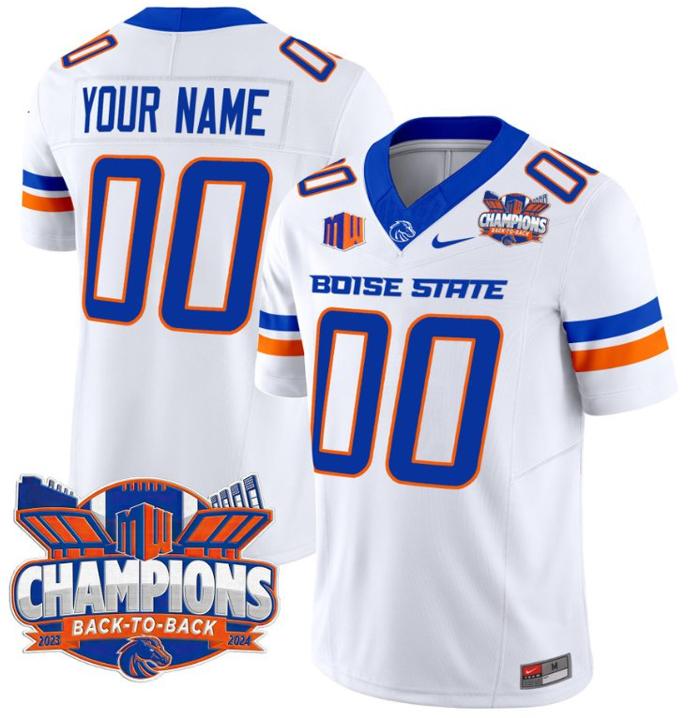 Custom Nike Men's Youth Boise State Broncos Jersey Back To Back Champions Football White