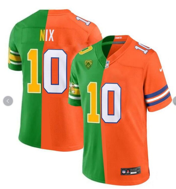 Men's Denver Broncos Oregon Ducks #10 Bo Nix Green Orange Split F.U.S.E. Vapor Limited Stitched Jersey