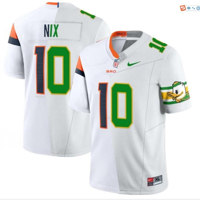 Men's Denver Broncos Oregon Ducks #10 Bo Nix White Green Split F.U.S.E. Vapor Limited Stitched Jersey
