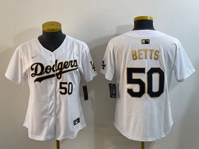 Women's Los Angeles Dodgers #50 Mookie Betts White Black Gold Home Limited Stitched Baseball Jersey