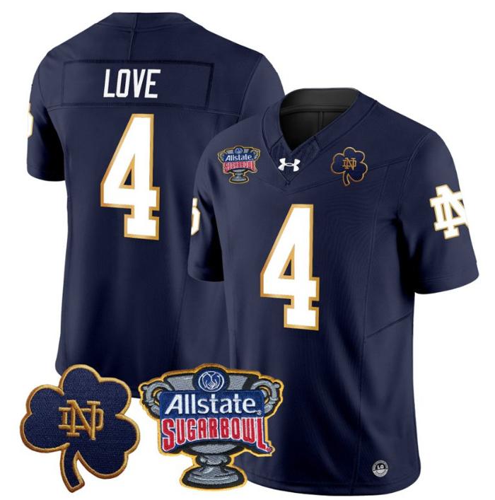 Men's Jeremiyah Love Jersey #4 Notre Dame Fighting Irish 2024 Sugar Bowl Patch Under Armour Stitched NCAA FB Navy