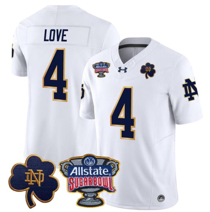 Men's Jeremiyah Love Jersey #4 Notre Dame Fighting Irish 2024 Sugar Bowl Patch Under Armour Stitched NCAA FB White