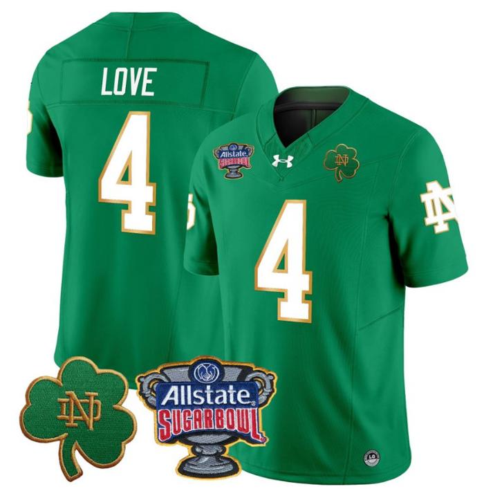 Men's Jeremiyah Love Jersey #4 Notre Dame Fighting Irish 2024 Sugar Bowl Patch Under Armour Stitched NCAA FB Green