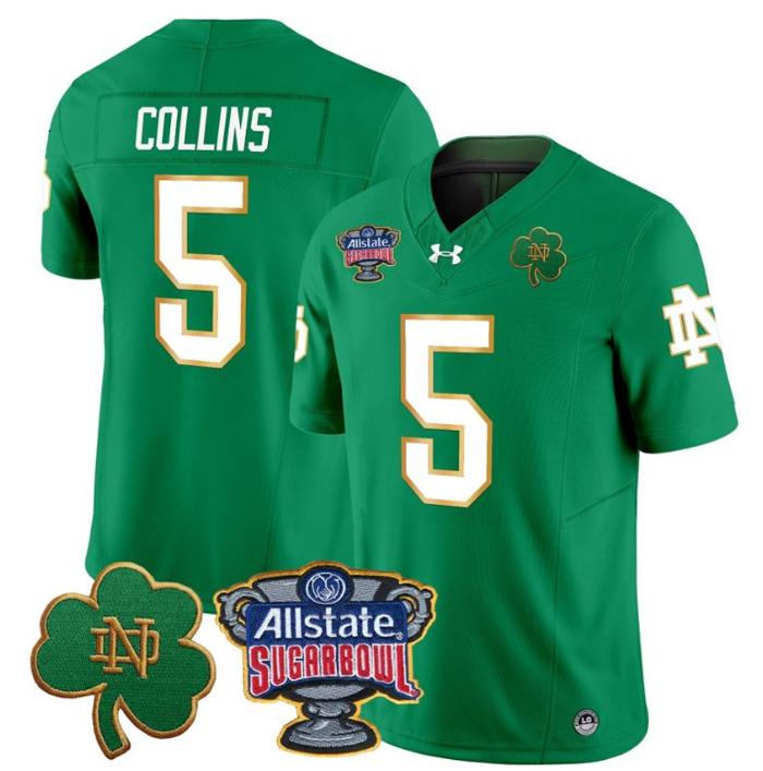 Men's Beaux Collins Jersey #5 Notre Dame Fighting Irish 2024 Sugar Bowl Patch Under Armour Stitched NCAA FB Green