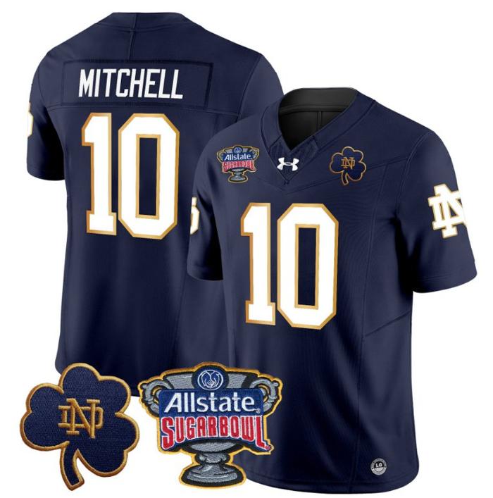 Men's Kris Mitchell Jersey #10 Notre Dame Fighting Irish 2024 Sugar Bowl Patch Under Armour Stitched NCAA FB Navy