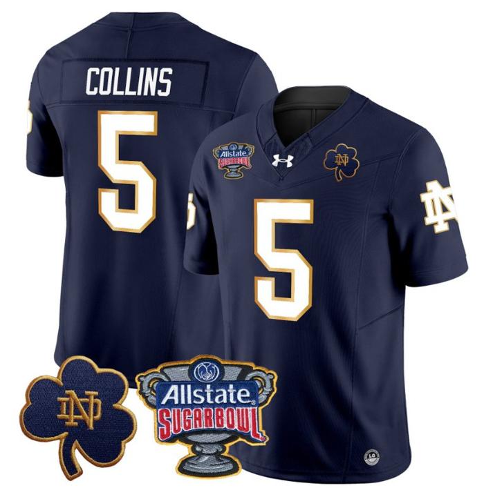 Men's Beaux Collins Jersey #5 Notre Dame Fighting Irish 2024 Sugar Bowl Patch Under Armour Stitched NCAA FB Navy