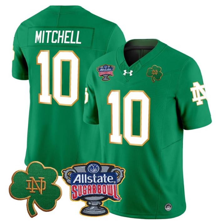 Men's Kris Mitchell Jersey #10 Notre Dame Fighting Irish 2024 Sugar Bowl Patch Under Armour Stitched NCAA FB Green