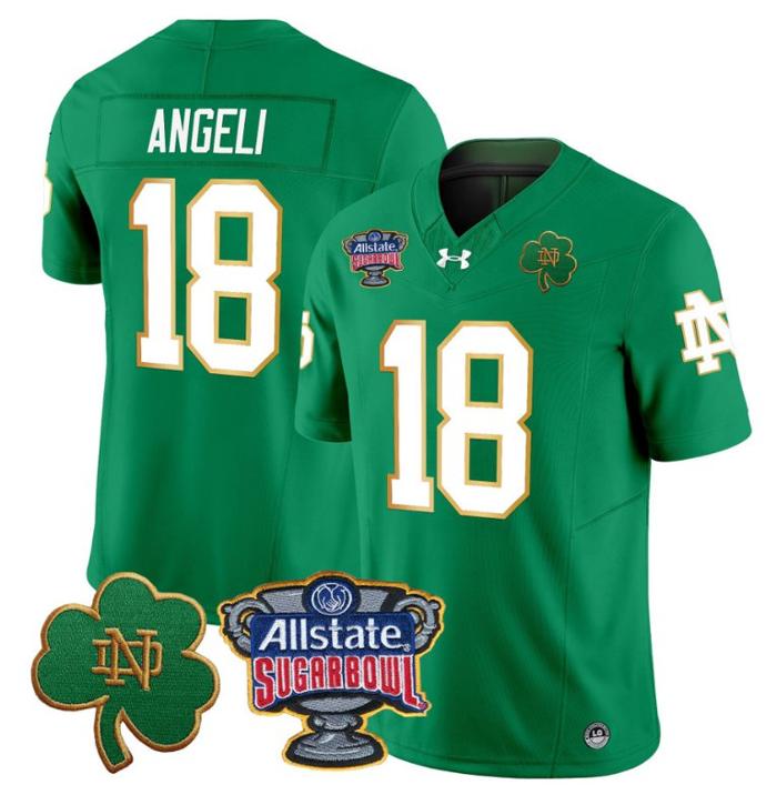 Men's Steve Angeli Jersey #18 Notre Dame Fighting Irish 2024 Sugar Bowl Patch Under Armour Stitched NCAA FB Green