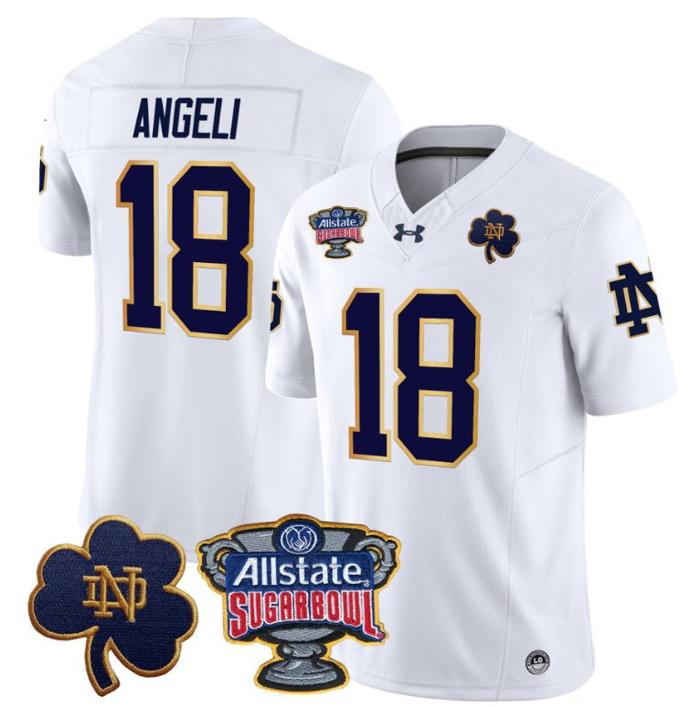 Men's Steve Angeli Jersey #18 Notre Dame Fighting Irish 2024 Sugar Bowl Patch Under Armour Stitched NCAA FB White