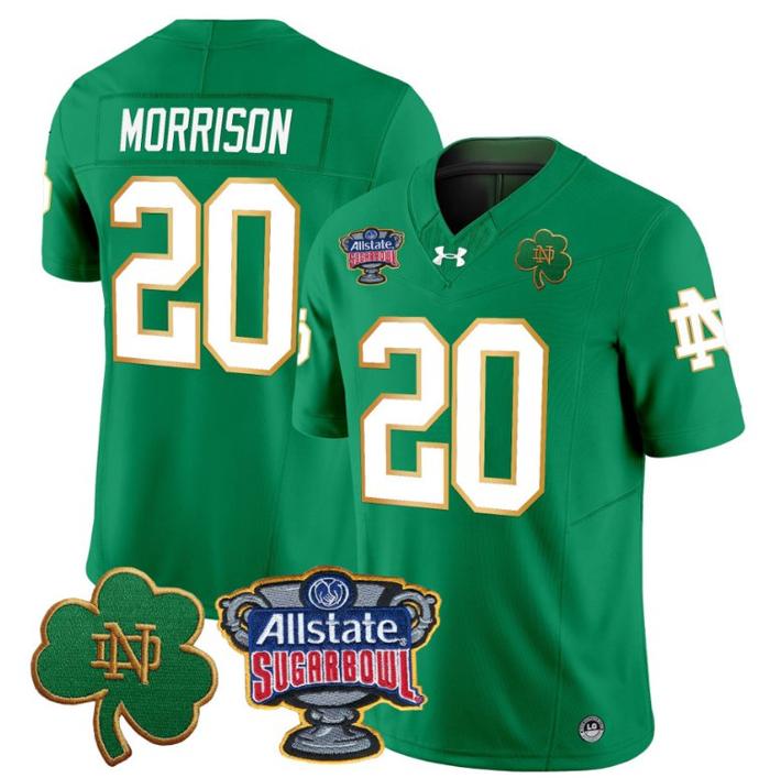 Men's Benjamin Morrison Jersey #20 Notre Dame Fighting Irish 2024 Sugar Bowl Patch Under Armour Stitched NCAA FB Green