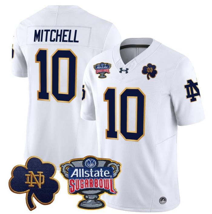 Men's Kris Mitchell Jersey #10 Notre Dame Fighting Irish 2024 Sugar Bowl Patch Under Armour Stitched NCAA FB White
