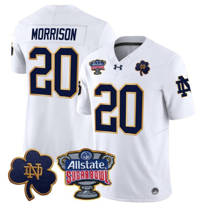 Men's Benjamin Morrison Jersey #20 Notre Dame Fighting Irish 2024 Sugar Bowl Patch Under Armour Stitched NCAA FB White