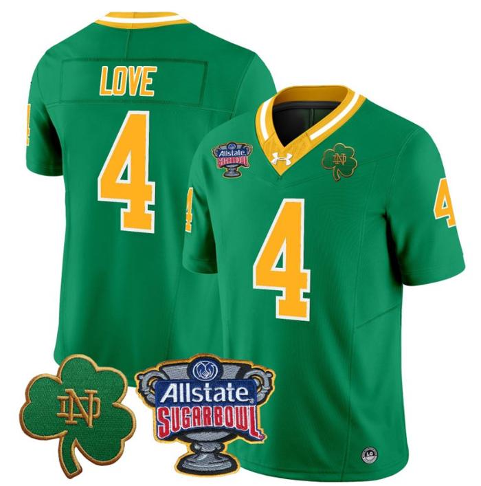 Men's Jeremiyah Love Jersey #4 Notre Dame Fighting Irish 2024 Sugar Bowl Patch Under Armour Stitched NCAA FB Throwback