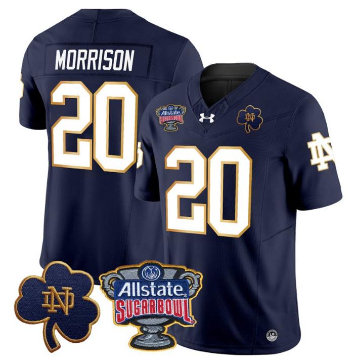 Men's Benjamin Morrison Jersey #20 Notre Dame Fighting Irish 2024 Sugar Bowl Patch Under Armour Stitched NCAA FB Navy