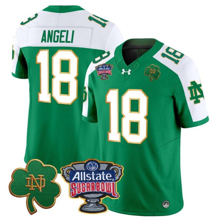 Men's Steve Angeli Jersey #18 Notre Dame Fighting Irish 2024 Sugar Bowl Patch Under Armour Stitched NCAA FB Green Alternate