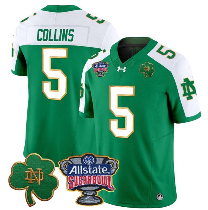 Men's Beaux Collins Jersey #5 Notre Dame Fighting Irish 2024 Sugar Bowl Patch Under Armour Stitched NCAA FB Green Alternate