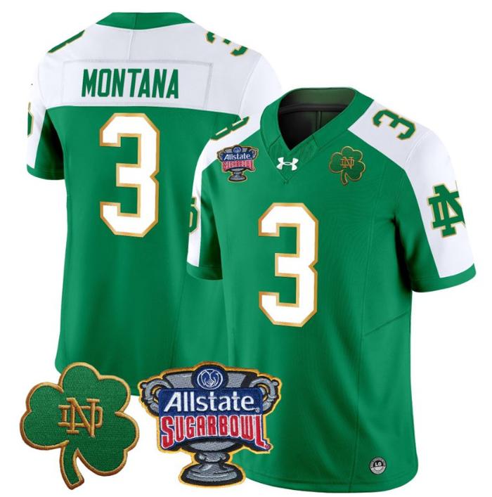 Men's Joe Montana Jersey #3 Notre Dame Fighting Irish 2024 Sugar Bowl Patch Under Armour Stitched NCAA FB Green Alternate