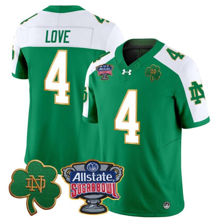 Men's Jeremiyah Love Jersey #4 Notre Dame Fighting Irish 2024 Sugar Bowl Patch Under Armour Stitched NCAA FB Green Alternate