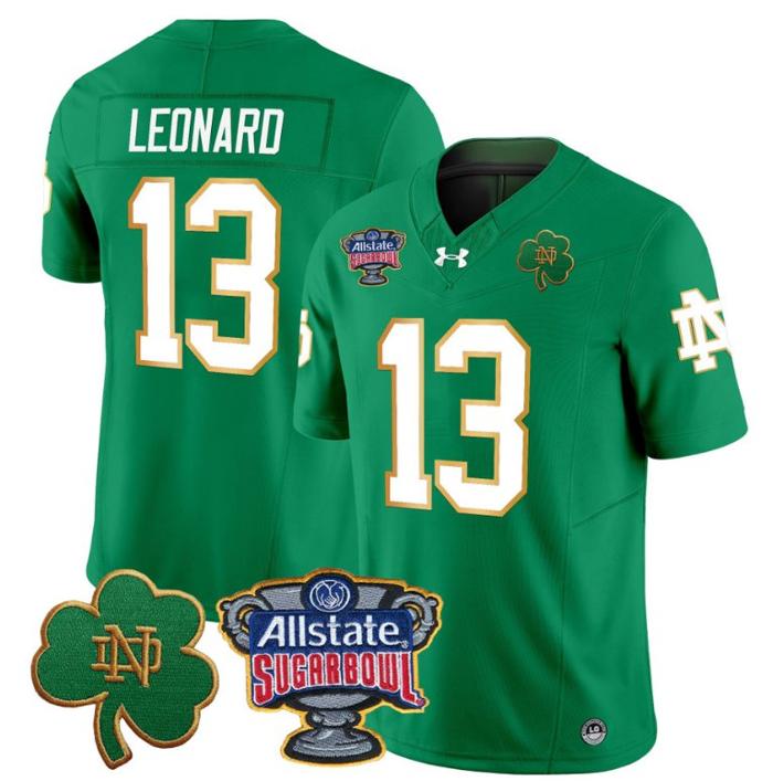 Men's Riley Leonard Jersey #13 Notre Dame Fighting Irish 2024 Sugar Bowl Patch Under Armour Stitched NCAA FB Green