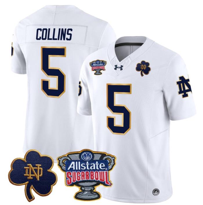 Men's Beaux Collins Jersey #5 Notre Dame Fighting Irish 2024 Sugar Bowl Patch Under Armour Stitched NCAA FB White