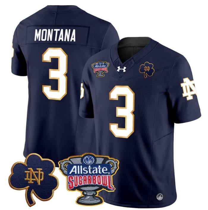 Men's Joe Montana Jersey #3 Notre Dame Fighting Irish 2024 Sugar Bowl Patch Under Armour Stitched NCAA FB Navy