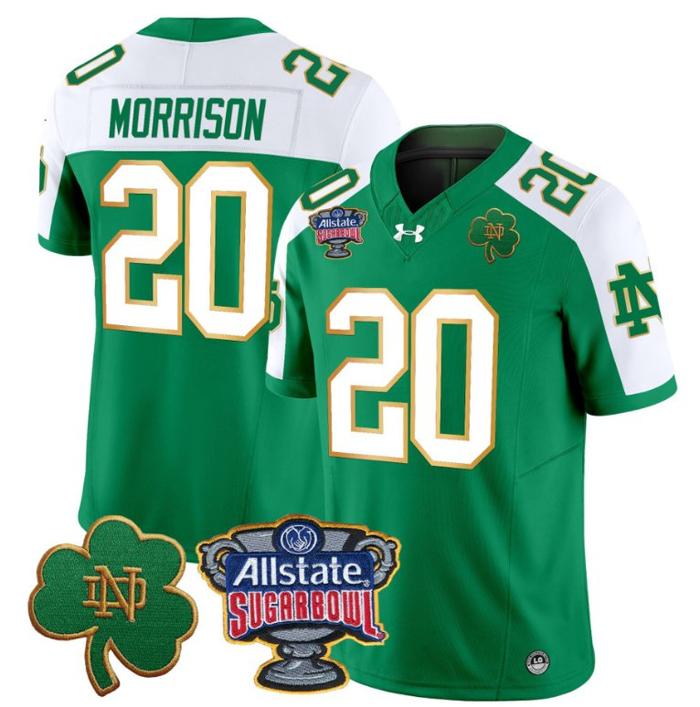 Men's Benjamin Morrison Jersey #20 Notre Dame Fighting Irish 2024 Sugar Bowl Patch Under Armour Green Alternate
