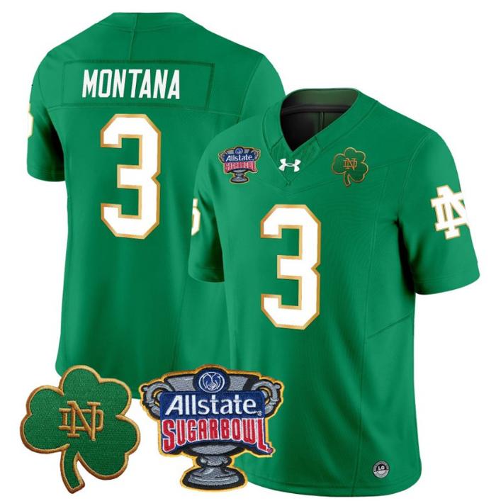 Men's Joe Montana Jersey #3 Notre Dame Fighting Irish 2024 Sugar Bowl Patch Under Armour Stitched NCAA FB Green