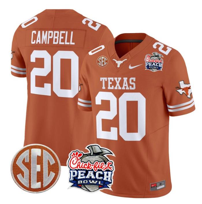 Men's Nike Earl Campbell Jersey #20 Texas Longhorns Peach Bowl Patch FUSE Vapor Limited NCAA FB Stitched Texas Orange