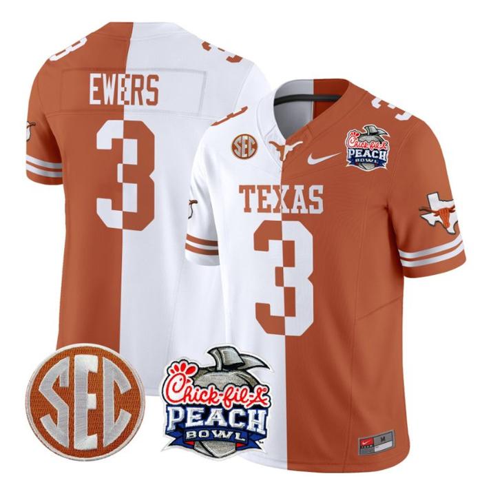 Men's Nike Quinn Ewers Jersey #3 Texas Longhorns Peach Bowl Patch FUSE Vapor Limited NCAA FB Stitched Split