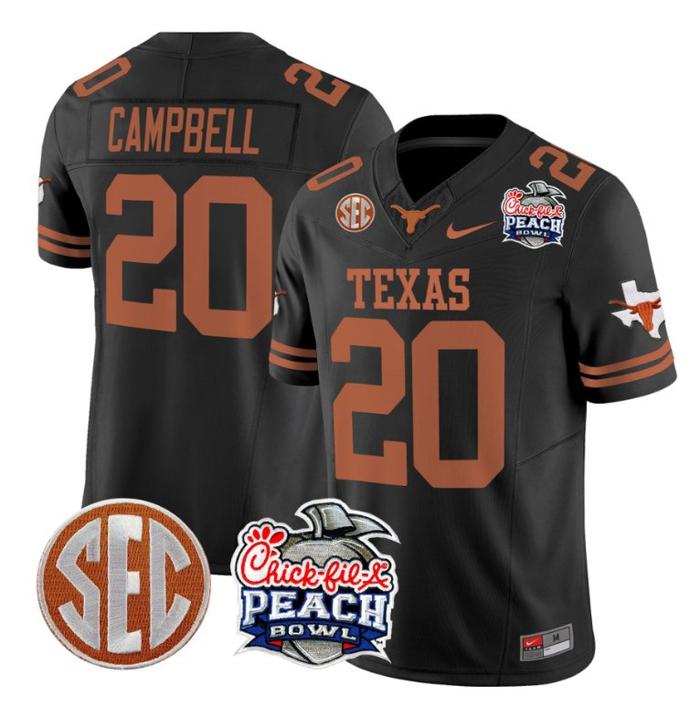 Men's Nike Earl Campbell Jersey #20 Texas Longhorns Peach Bowl Patch FUSE Vapor Limited NCAA FB Stitched Black