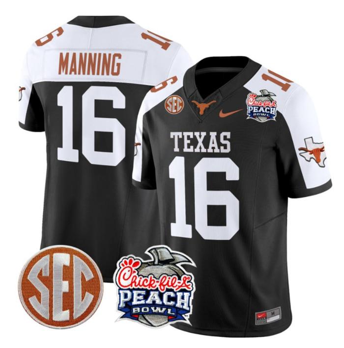 Men's Nike Arch Manning Jersey #16 Texas Longhorns Peach Bowl Patch FUSE Vapor Limited NCAA FB Stitched Black Alternate