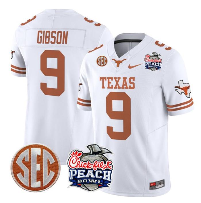 Men's Nike Jerrick Gibson Jersey #9 Texas Longhorns Peach Bowl Patch FUSE Vapor Limited NCAA FB Stitched White