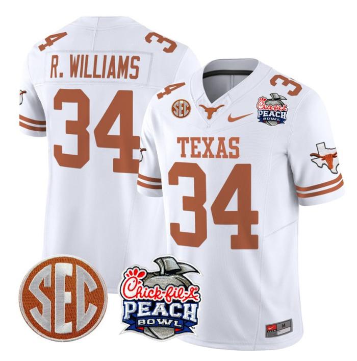 Men's Nike Ricky Williams Jersey #34 Texas Longhorns Peach Bowl Patch FUSE Vapor Limited NCAA FB Stitched White