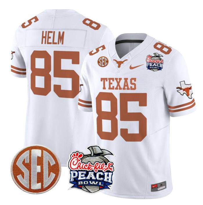 Men's Nike Gunnar Helm Jersey #85 Texas Longhorns Peach Bowl Patch FUSE Vapor Limited NCAA FB Stitched White