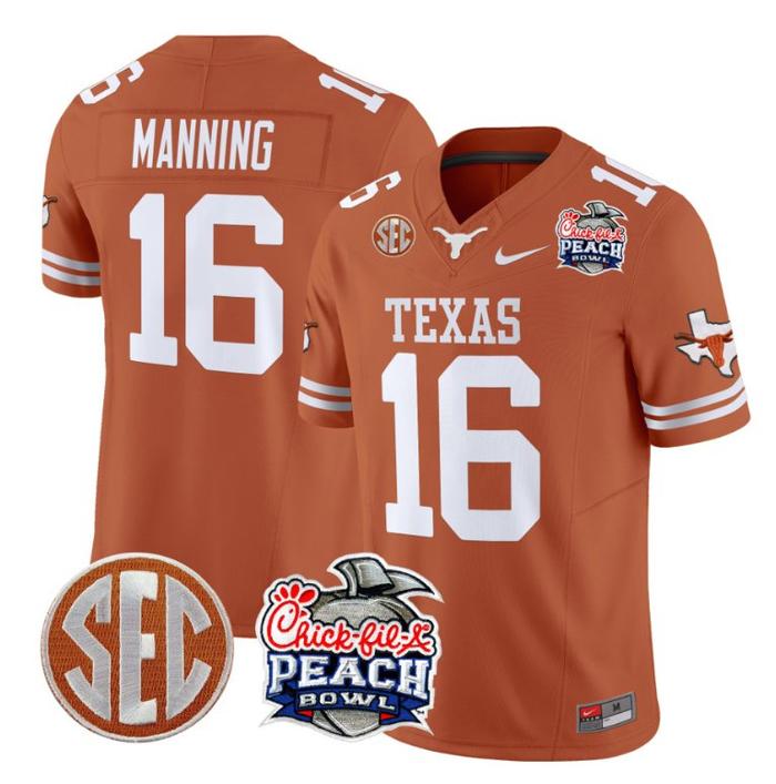 Men's Nike Arch Manning Jersey #16 Texas Longhorns Peach Bowl Patch FUSE Vapor Limited NCAA FB Stitched Texas Orange