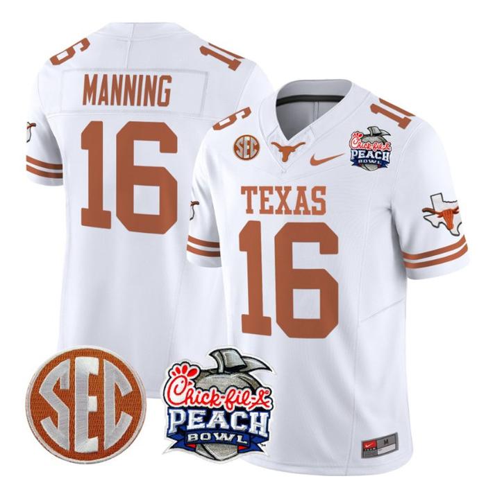 Men's Nike Arch Manning Jersey #16 Texas Longhorns Peach Bowl Patch FUSE Vapor Limited NCAA FB Stitched White