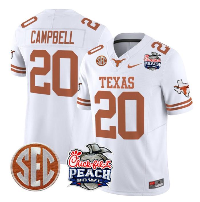 Men's Nike Earl Campbell Jersey #20 Texas Longhorns Peach Bowl Patch FUSE Vapor Limited NCAA FB Stitched White