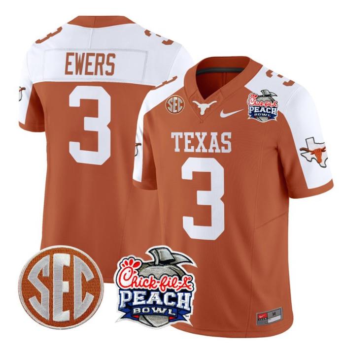 Men's Nike Quinn Ewers Jersey #3 Texas Longhorns Peach Bowl Patch FUSE Vapor Limited NCAA FB Stitched Orange Alternate