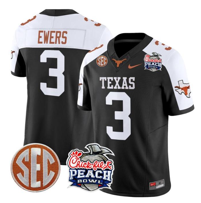 Men's Nike Quinn Ewers Jersey #3 Texas Longhorns Peach Bowl Patch FUSE Vapor Limited NCAA FB Stitched Black Alternate