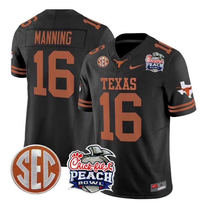 Men's Nike Arch Manning Jersey #16 Texas Longhorns Peach Bowl Patch FUSE Vapor Limited NCAA FB Stitched Black