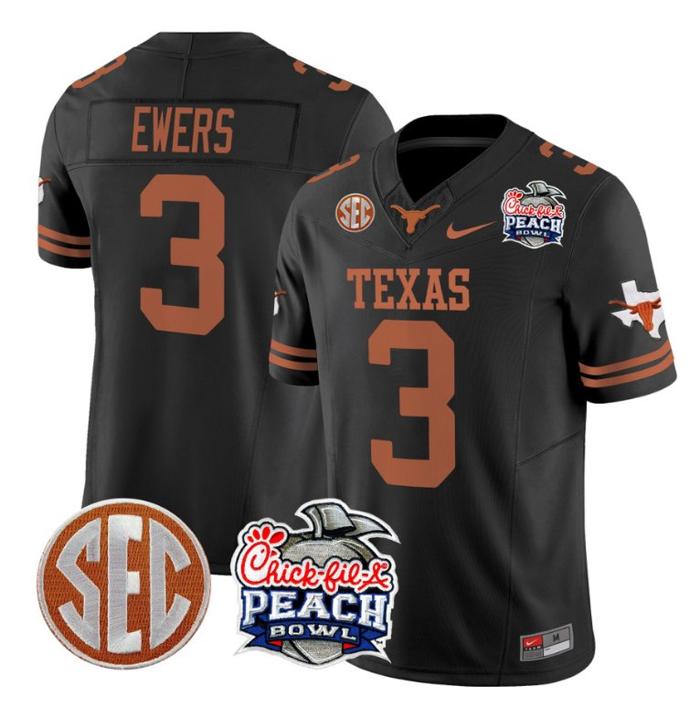 Men's Nike Quinn Ewers Jersey #3 Texas Longhorns Peach Bowl Patch FUSE Vapor Limited NCAA FB Stitched Black
