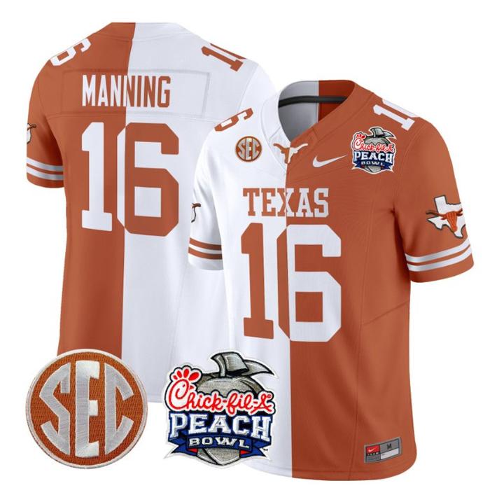 Men's Nike Arch Manning Jersey #16 Texas Longhorns Peach Bowl Patch FUSE Vapor Limited NCAA FB Stitched Split