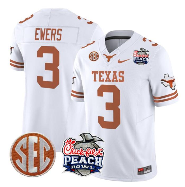 Men's Nike Quinn Ewers Jersey #3 Texas Longhorns Peach Bowl Patch FUSE Vapor Limited NCAA FB Stitched White