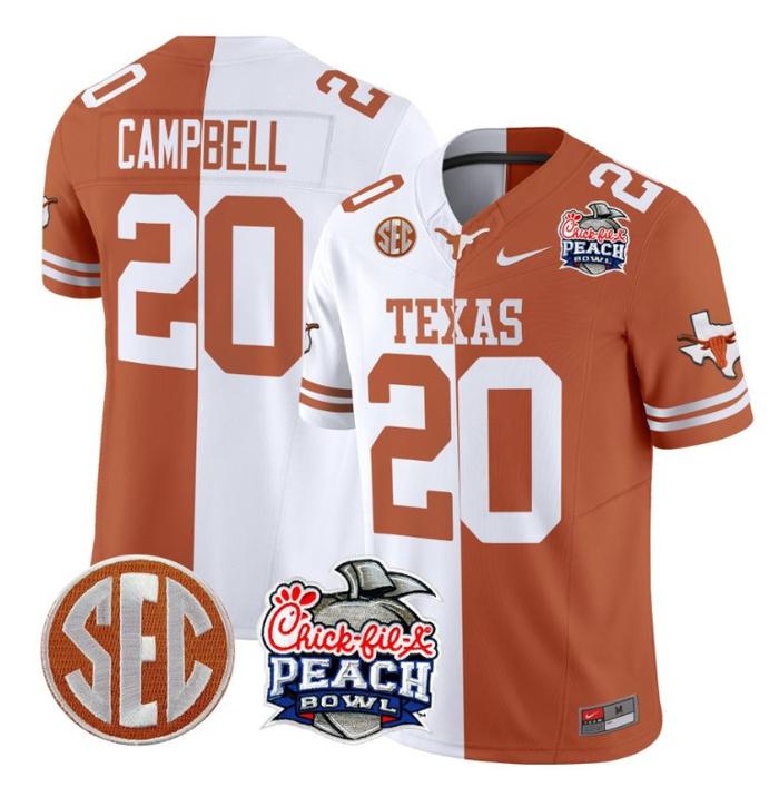 Men's Nike Earl Campbell Jersey #20 Texas Longhorns Peach Bowl Patch FUSE Vapor Limited NCAA FB Stitched Split