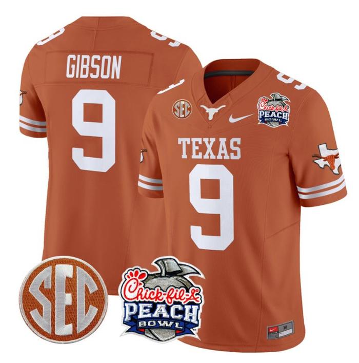 Men's Nike Jerrick Gibson Jersey #9 Texas Longhorns Peach Bowl Patch FUSE Vapor Limited NCAA FB Stitched Texas Orange