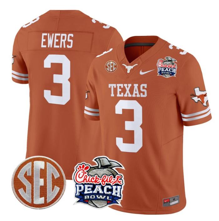 Men's Nike Quinn Ewers Jersey #3 Texas Longhorns Peach Bowl Patch FUSE Vapor Limited NCAA FB Stitched Texas Orange