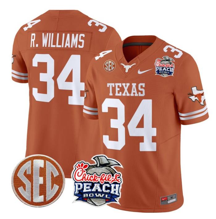 Men's Nike Ricky Williams Jersey #34 Texas Longhorns Peach Bowl Patch FUSE Vapor Limited NCAA FB Stitched Texas Orange