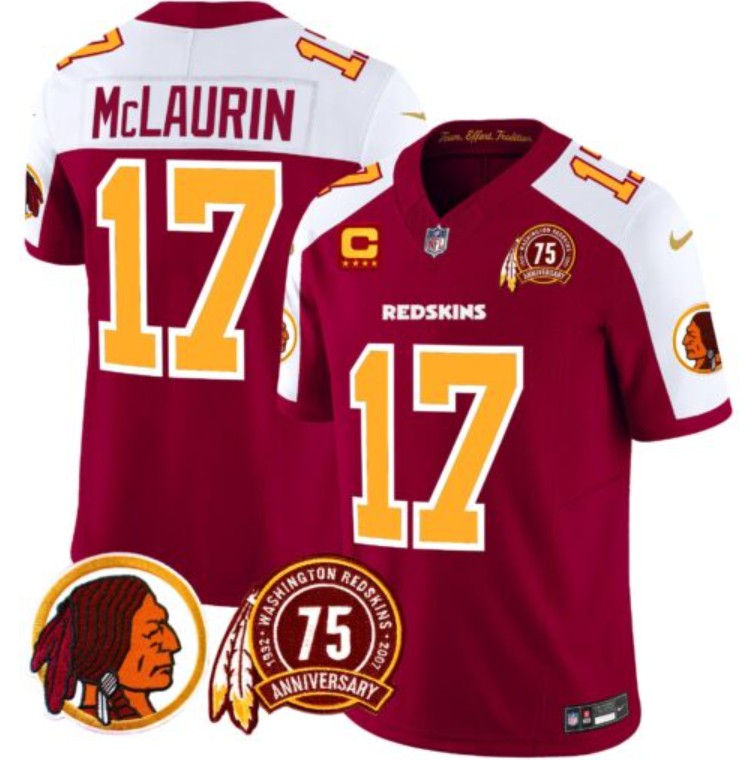Men's Washington Redskins #17 Terry McLaurin Burgundy White 2024 F.U.S.E. 75th Patch And 4-star C Patch Throwback Vapor Limited Stitched Football Jersey