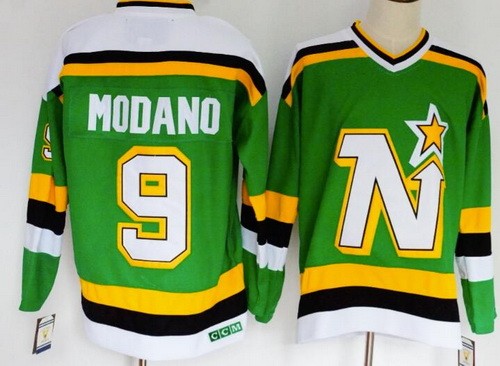 Men's Minnesota North Stars #9 Mike Modano Green Throwback NHL Stitched Hockey Jersey